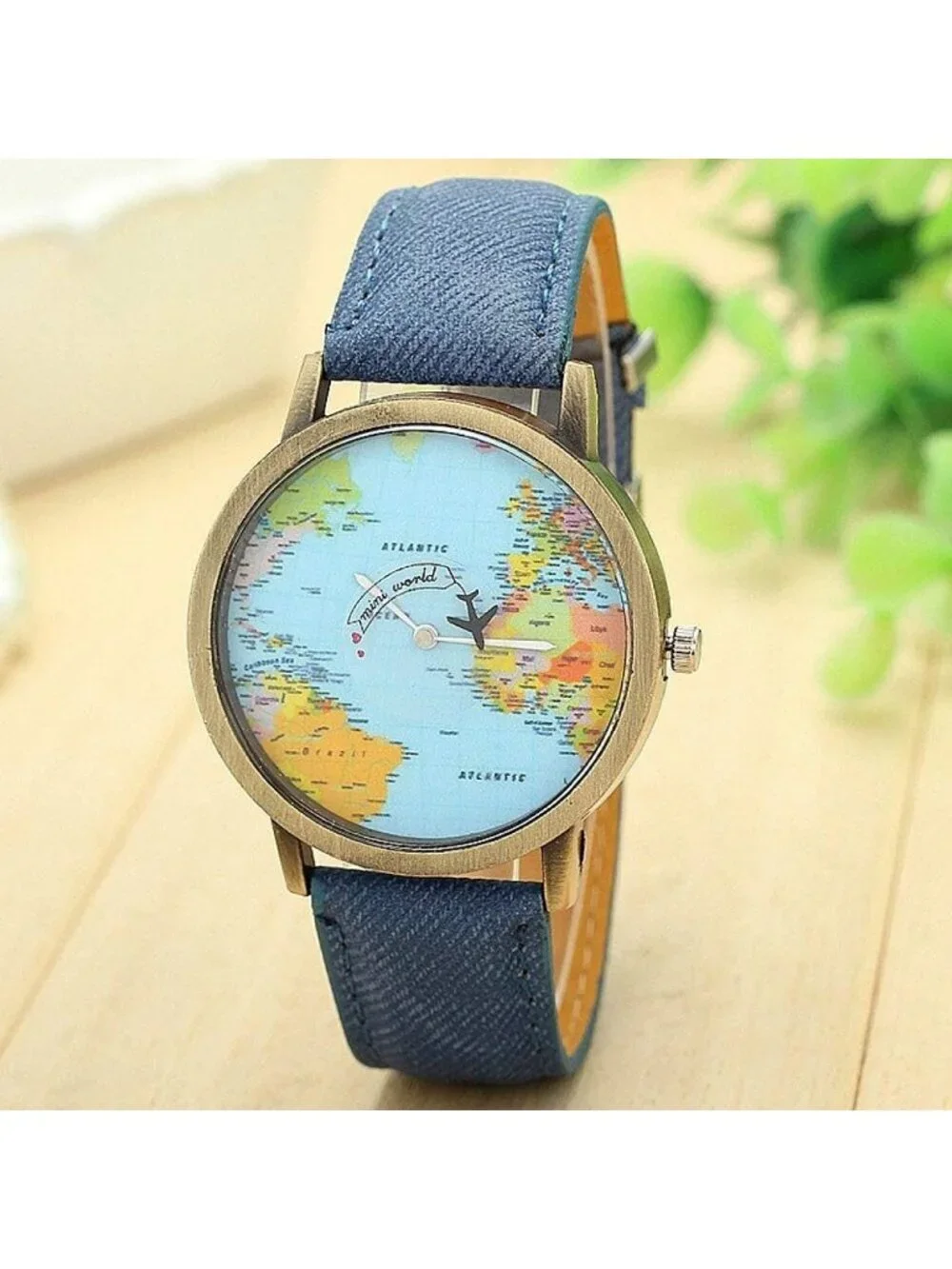 Unisex Blue Quartz Leather Band Retro Bronze Case Global Travel World Map Watch